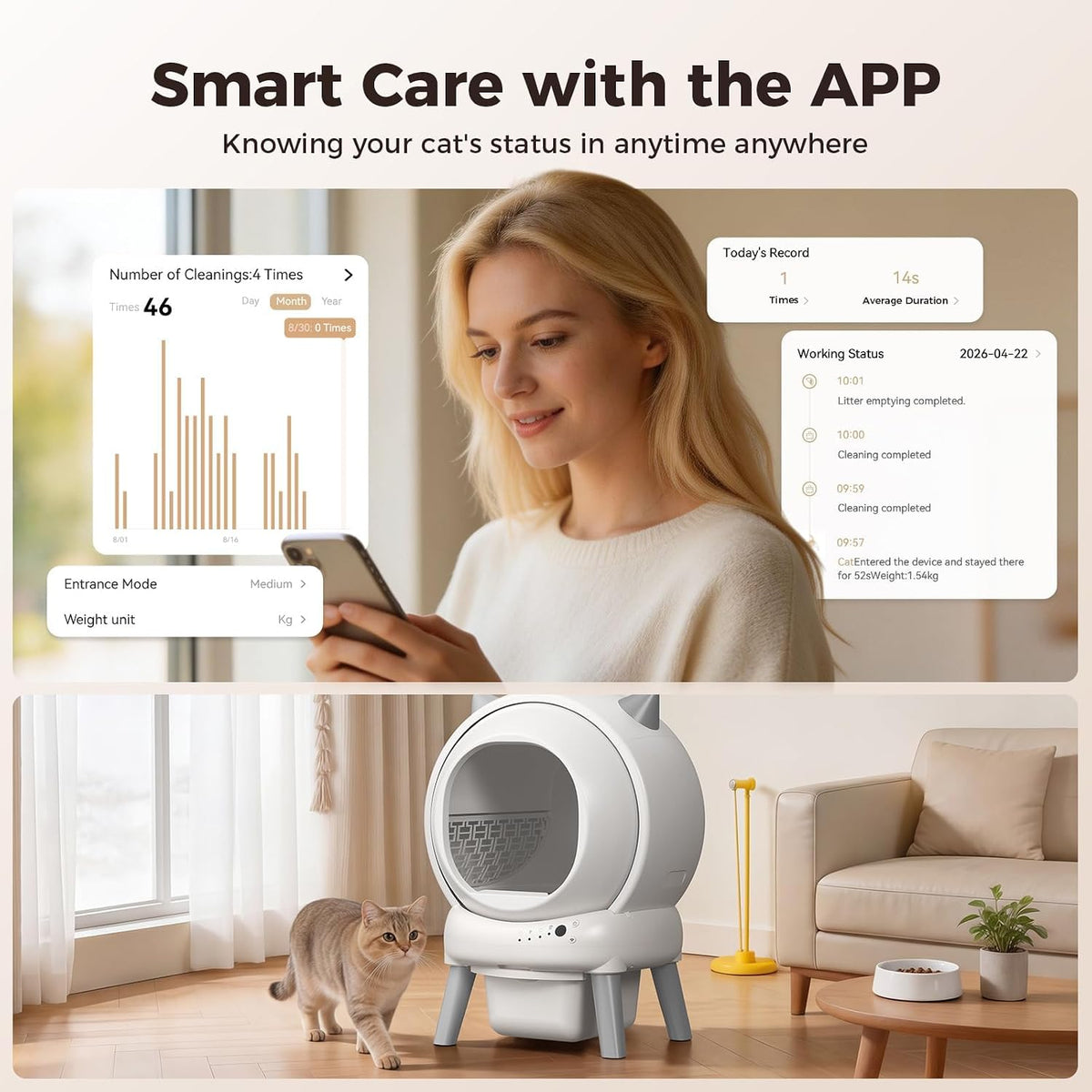 self-cleaning litter box, app control smart drum automatic, side view