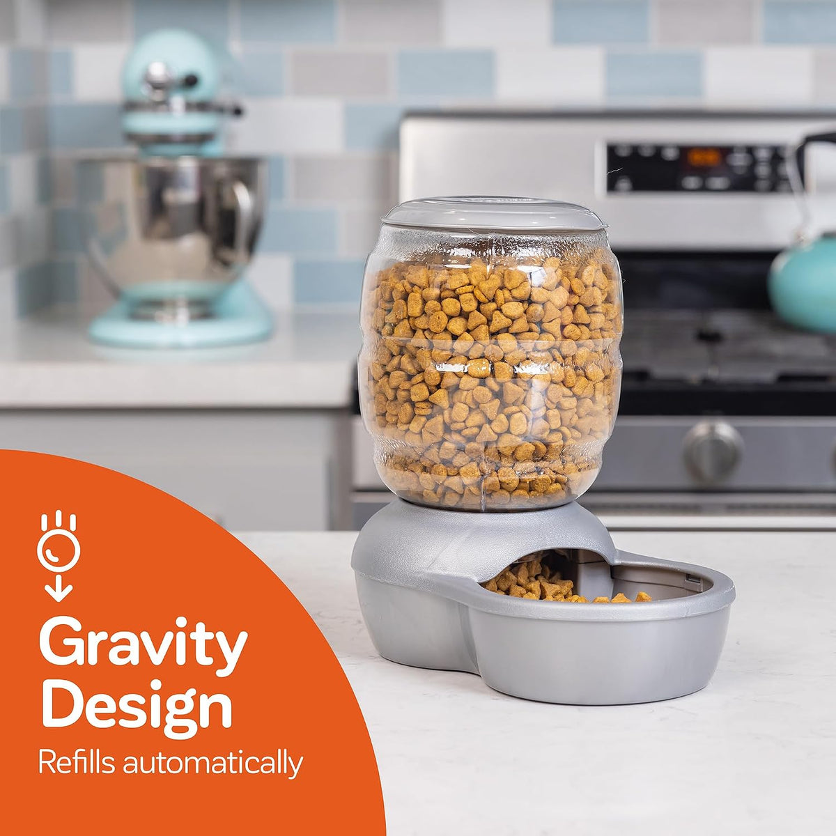 petmate replendish automatic cat and dog feeder, 5lb shown in use