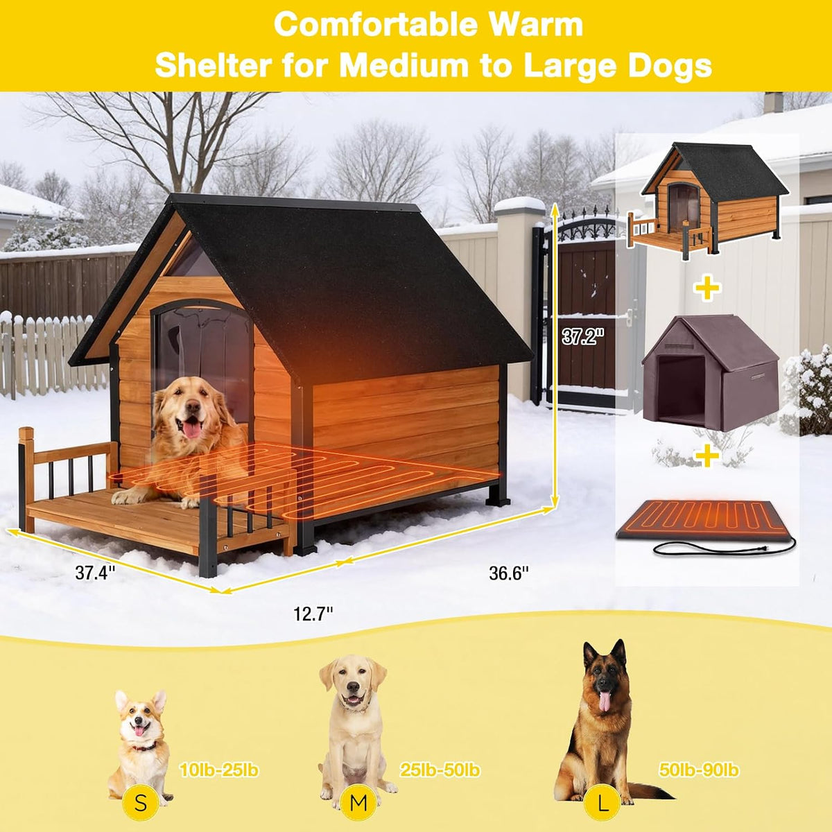 outdoor heated dog house with all-around insulated liner showing dimensions
