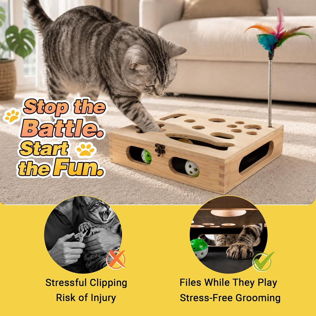 cat scratch puzzle enrichment box, interactive cat toy, close-up detail