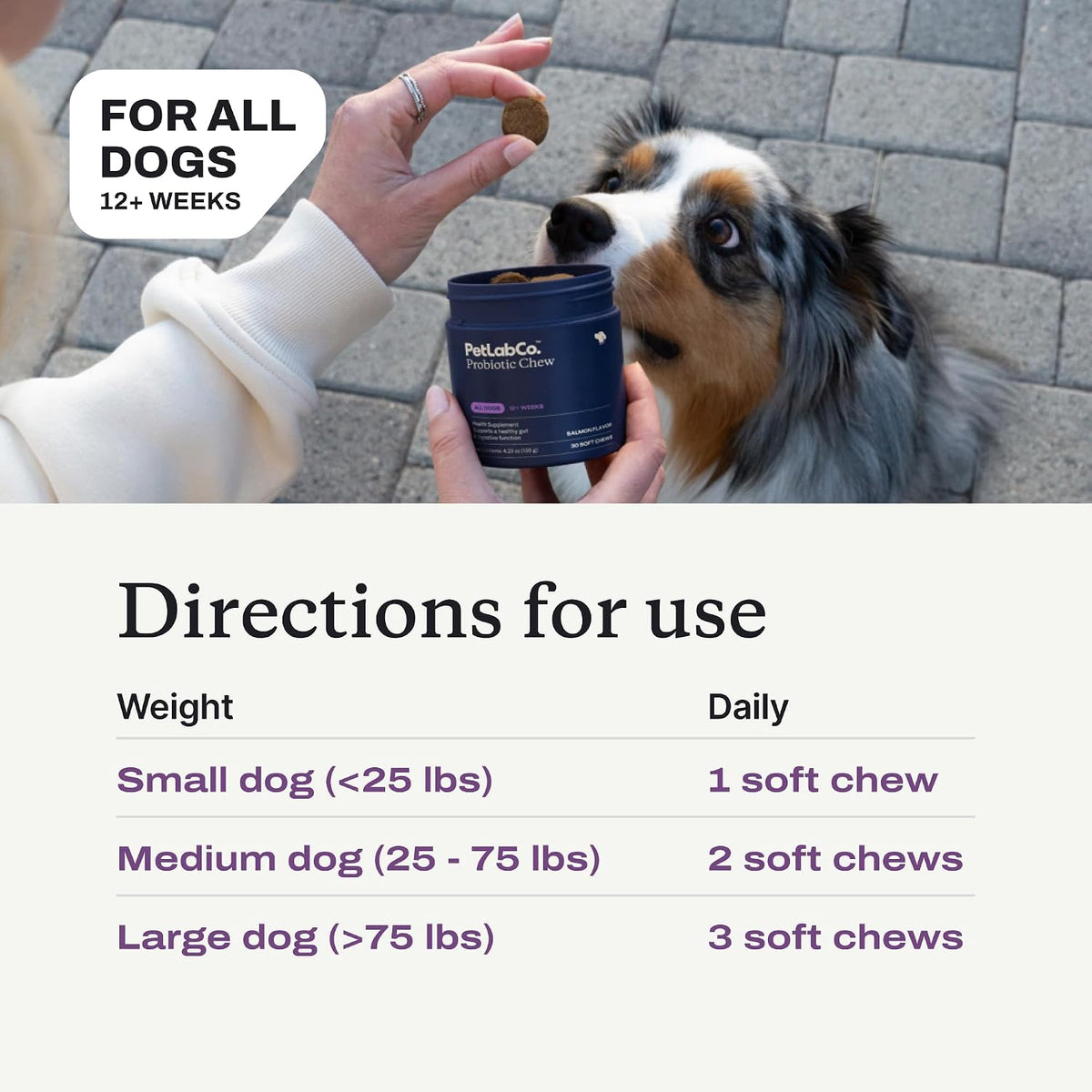 petlab co. probiotic chews for dogs, 30 soft showing dimensions