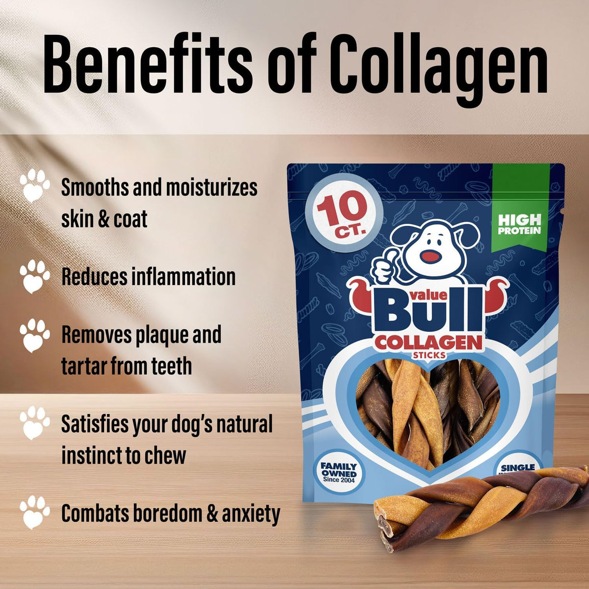 valuebull beef collagen braids for dogs, 6 inch, close-up detail