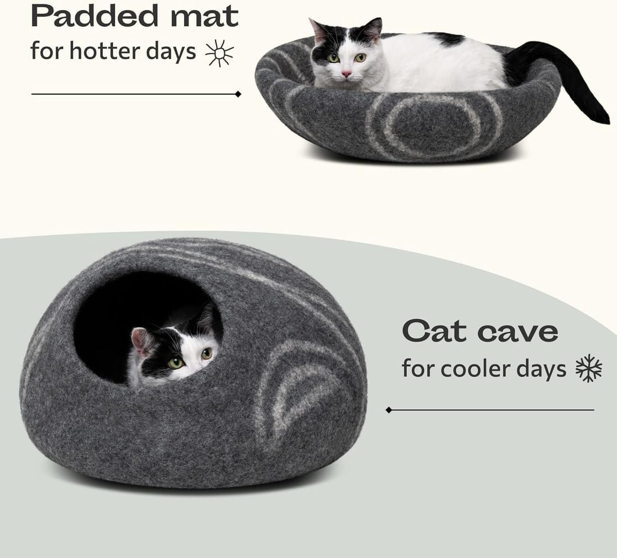 meowfia cat cave - merino wool bed for, side view