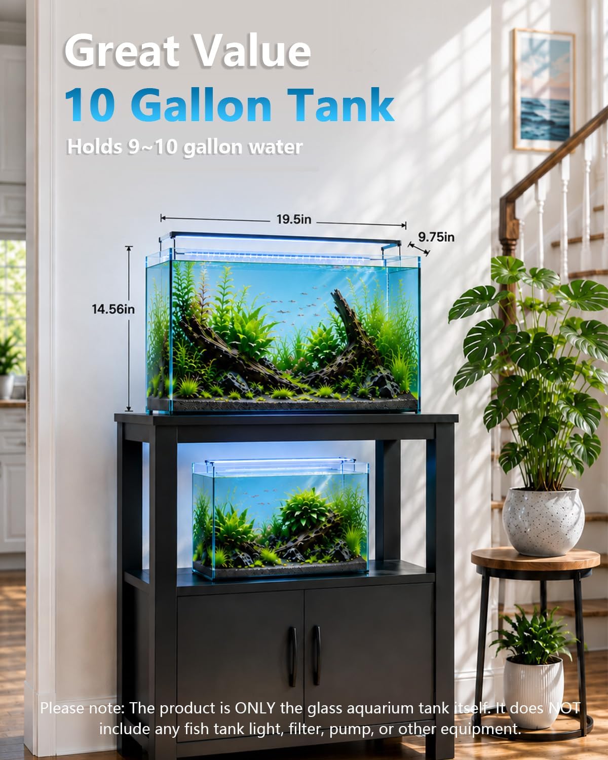 10 gallon glass fish tank open-back lid, aquarium, side view