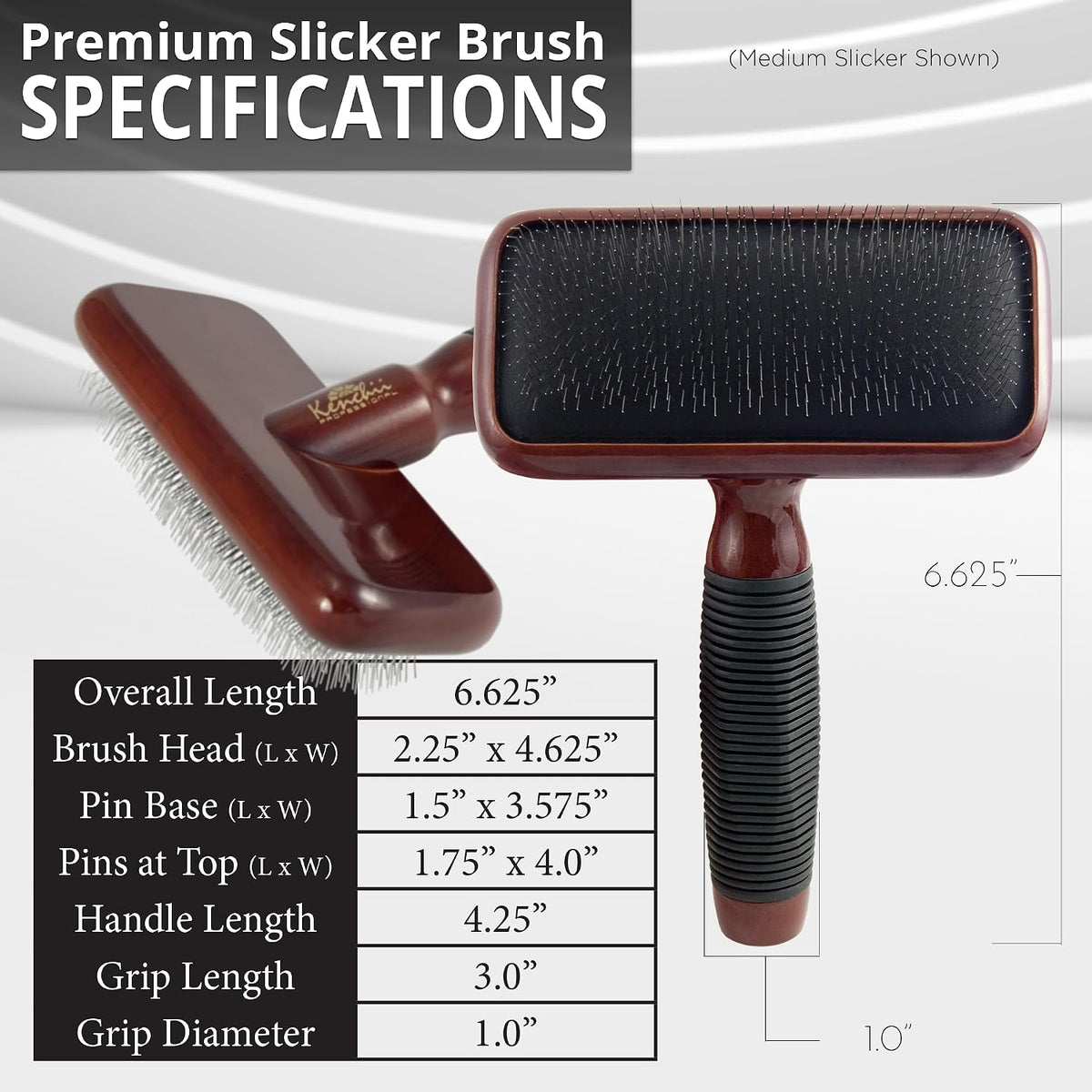 kenchii medium slicker brush for dogs, detangling and showing dimensions