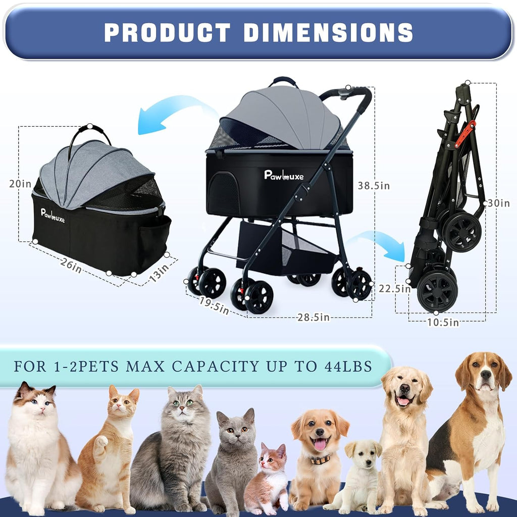 4 wheels pet stroller 4 in 1 pet showing dimensions