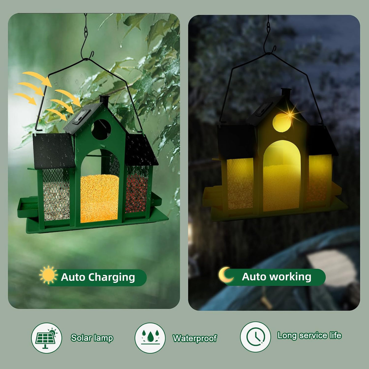 solar bird feeder house for outside hanging, large shown in use