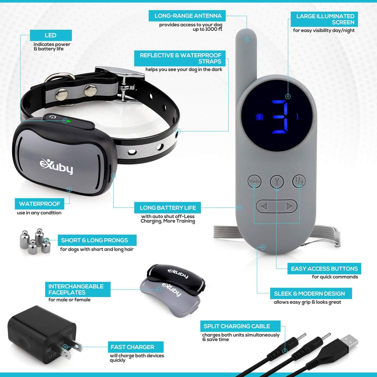 exuby - tiny shock collar for small dogs showing dimensions