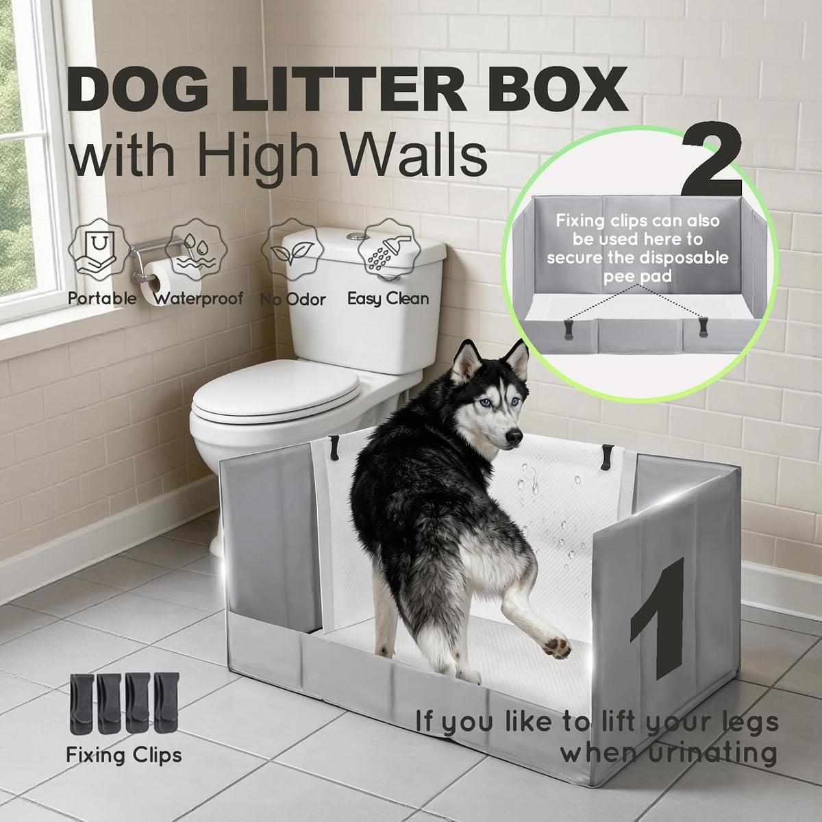 hq4us 4legs dog litter box indoor high walls shown in use