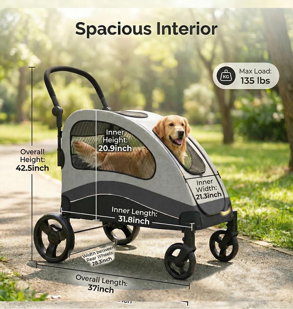 garvee extra large dog stroller with steel pipe showing dimensions