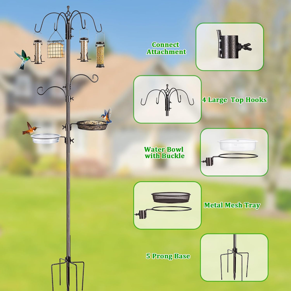 bird feeding station kit, 94-inch, 6-hook metal bird, close-up detail