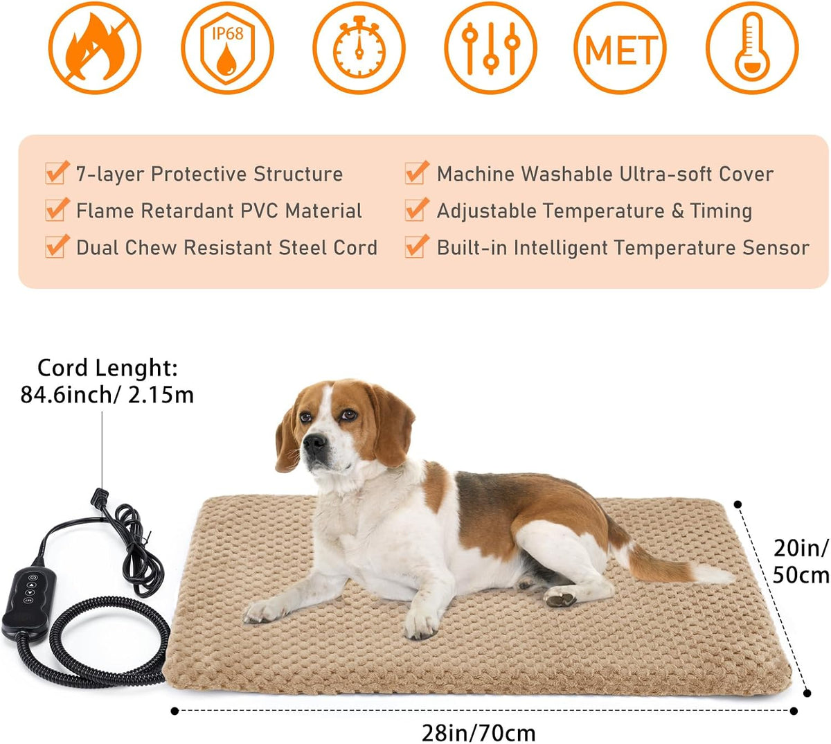 invenho heated dog bed, waterproof adjustable temperature dog showing dimensions