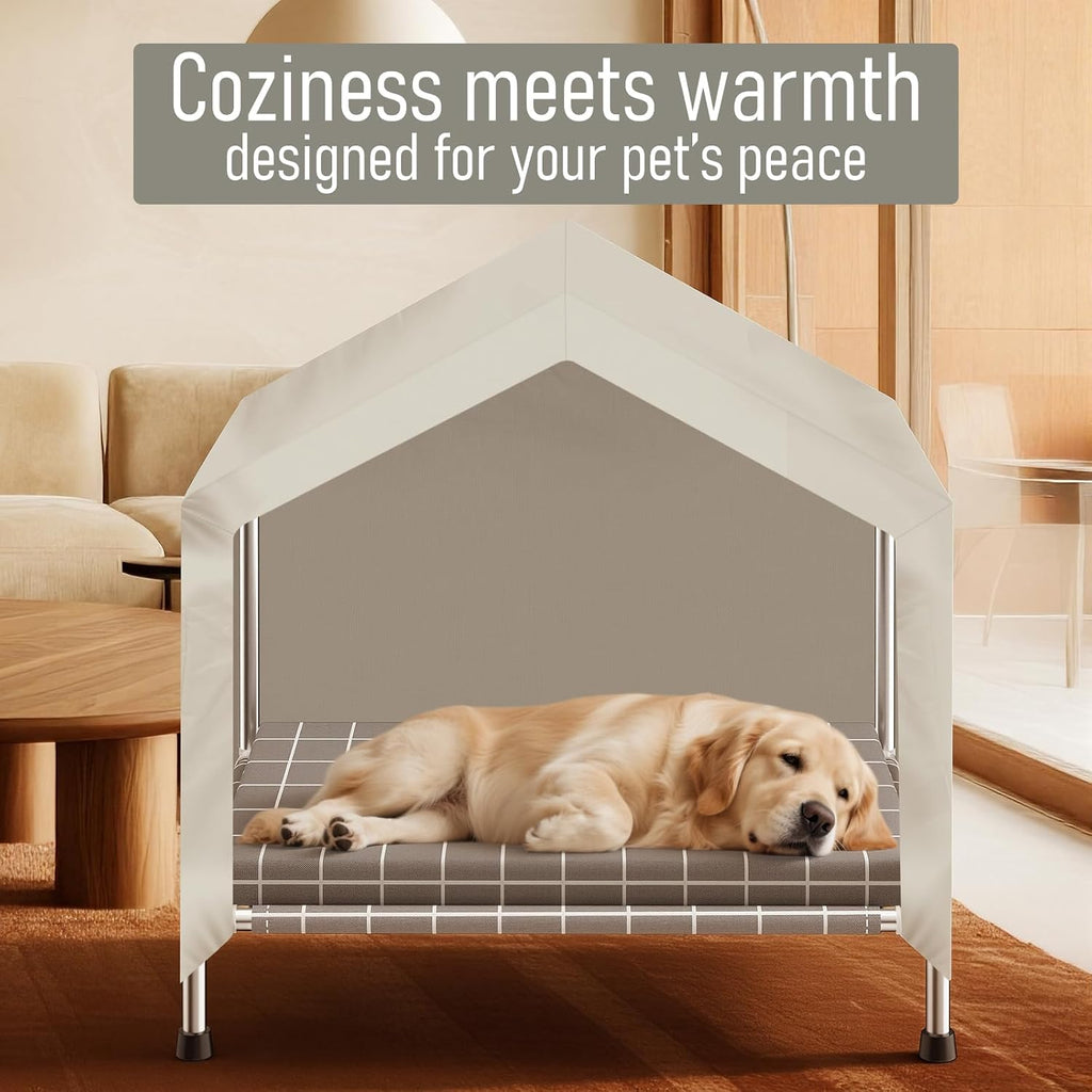 elevated dog house with cushion, stainless steel dog, side view
