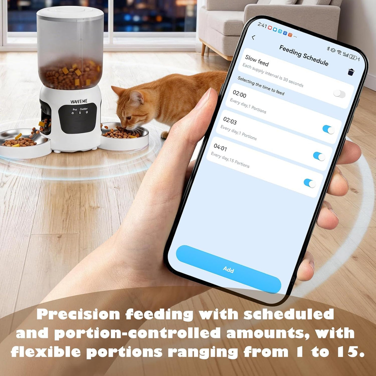 automatic cat feeder for 2 cats dual camera, close-up detail