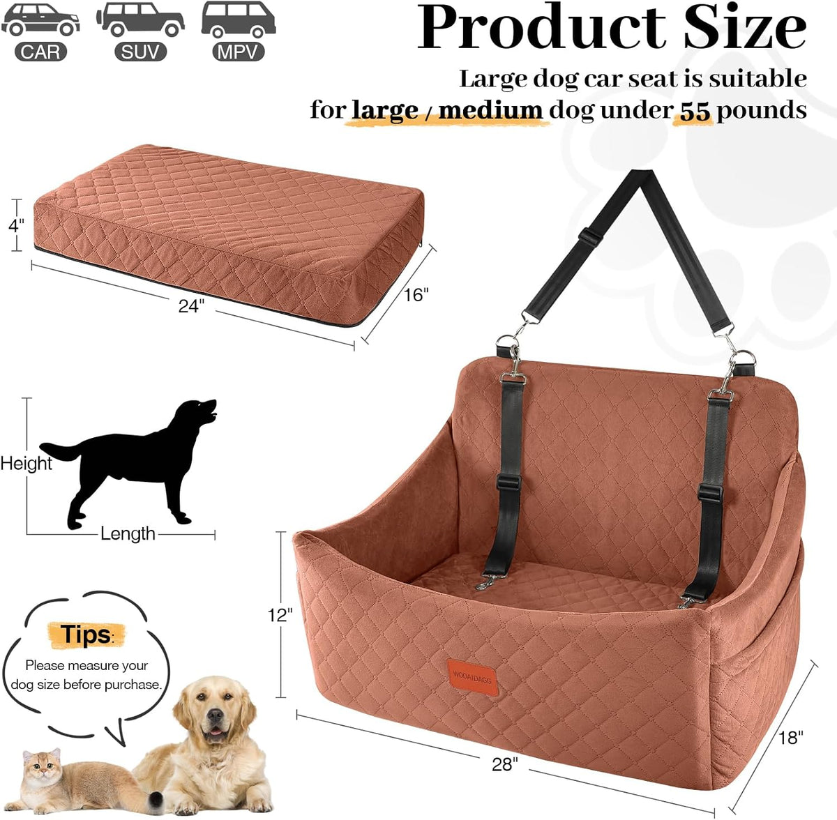 wooaidagg dog car seat for medium & large, close-up detail