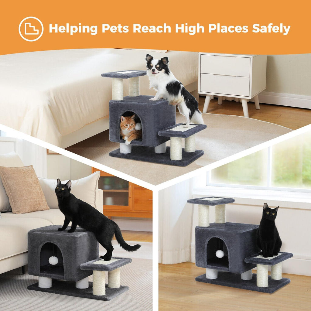 3-in-1 cat stairs with scratching post & condo showing dimensions