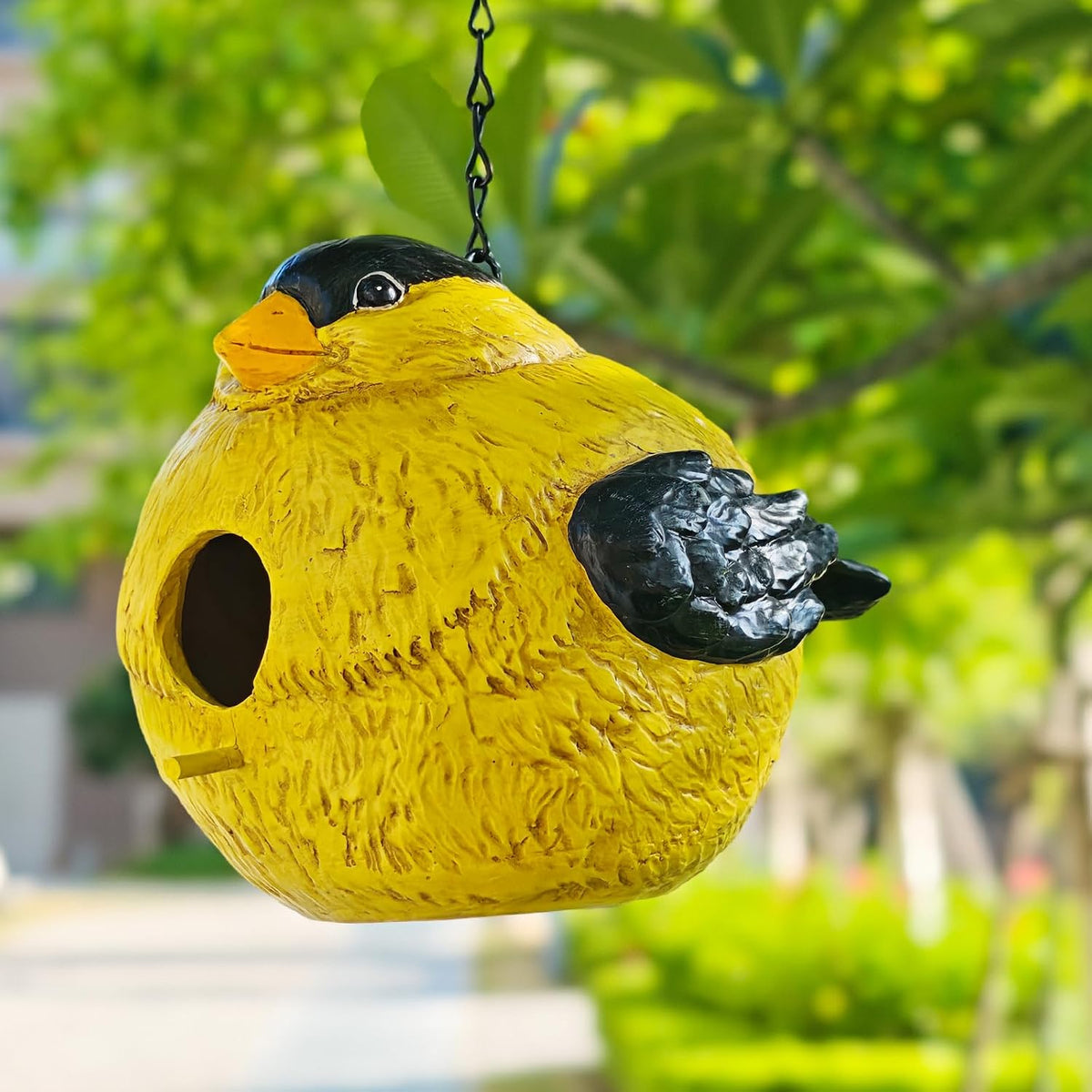sunny yellow bird house with entry hole, outdoor, main product view