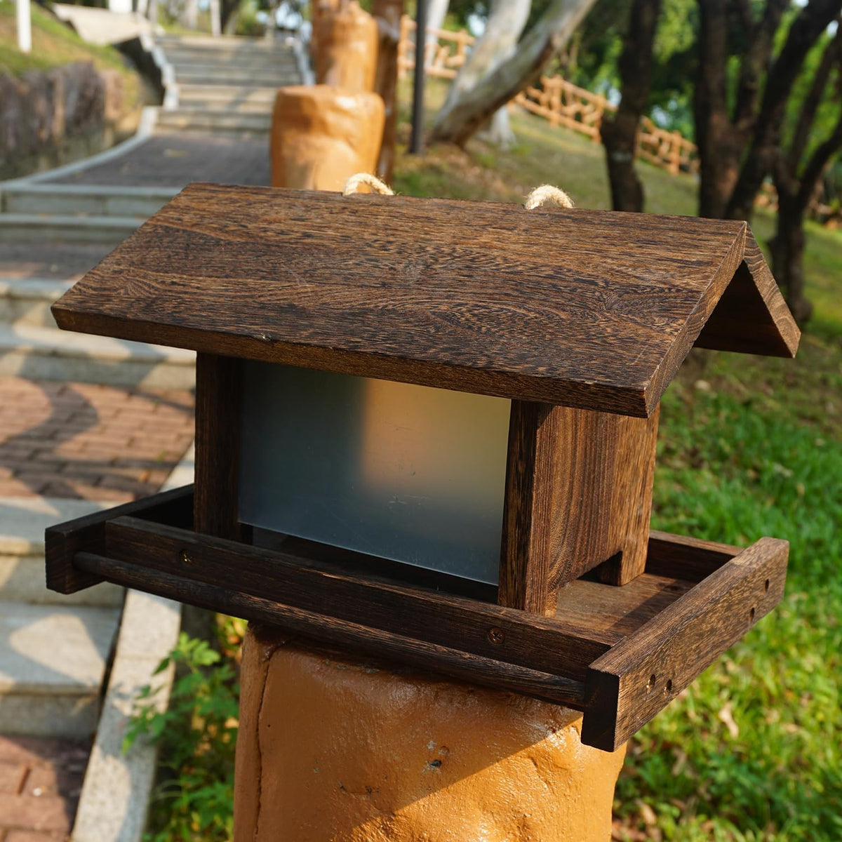 hanging wooden bird feeder outdoor large capacity wood, side view