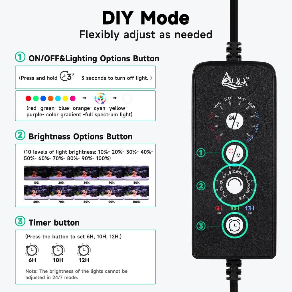 aqqa led aquarium light, 24/7 & diy mode shown in use