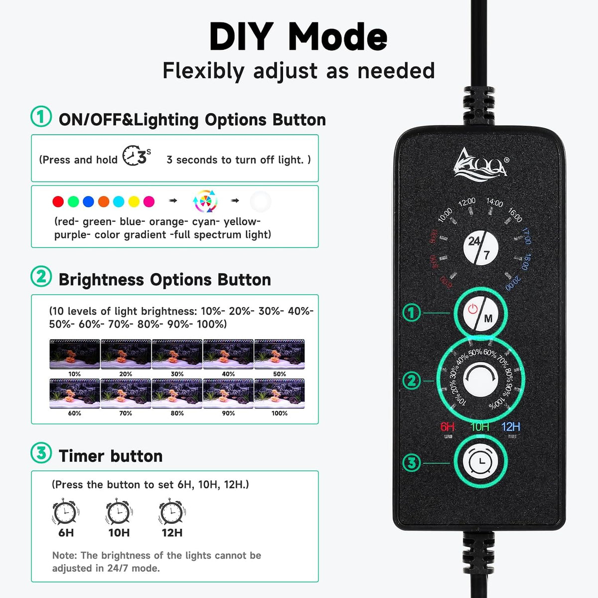aqqa led aquarium light, 24/7 & diy mode shown in use