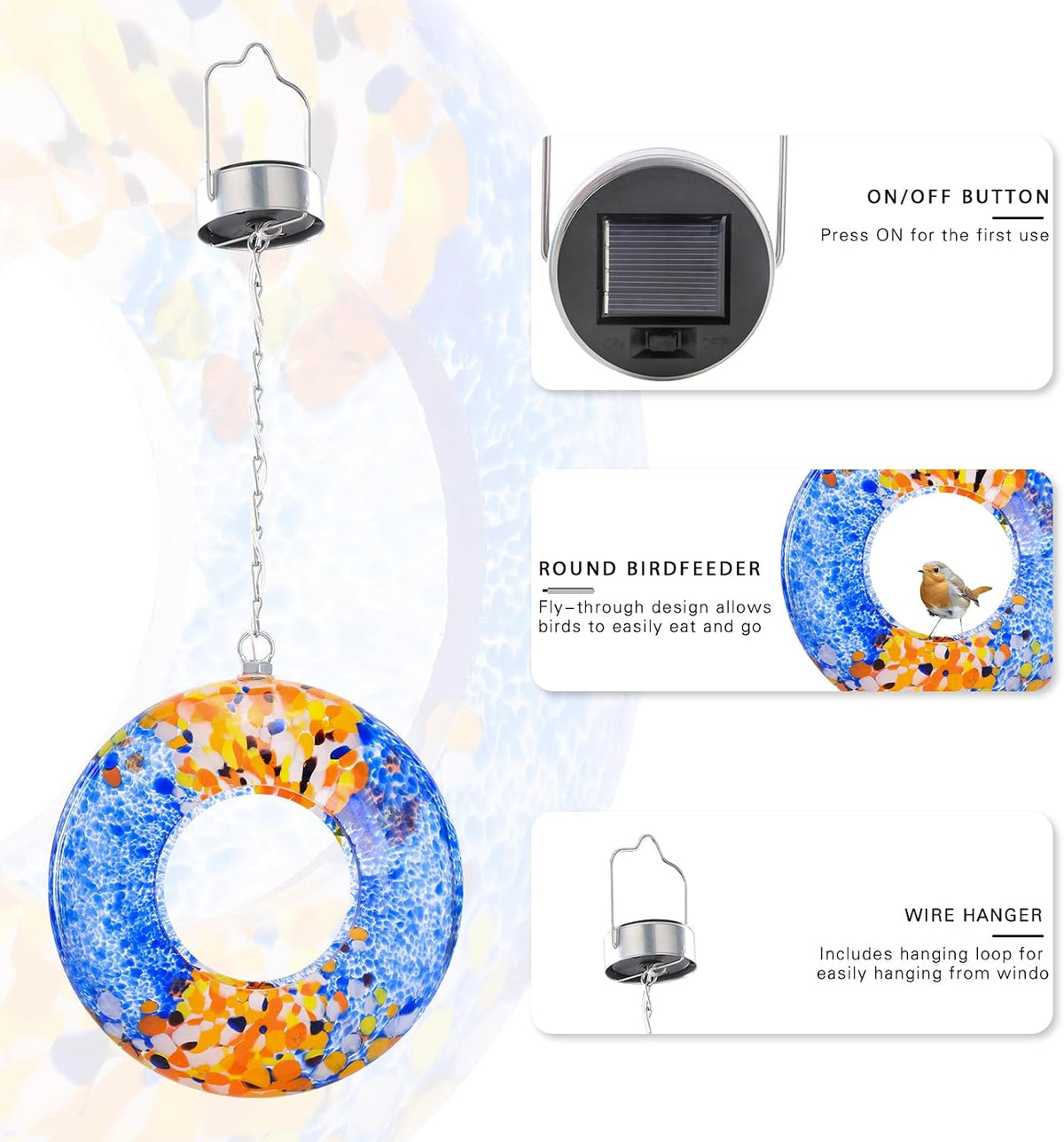 vcuteka glass bird feeder, fly through solar birdfeeders showing dimensions