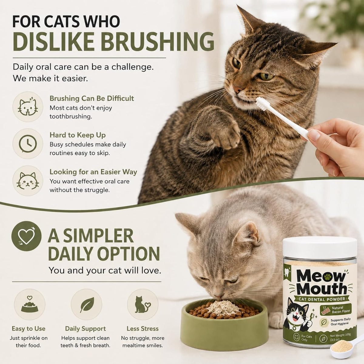 meow mouth cat dental powder, plaque & tartar, close-up detail