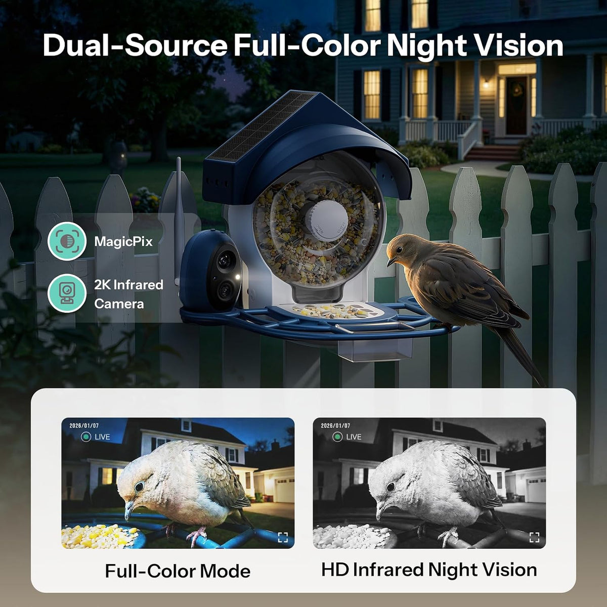 smart bird feeder with camera - 2k hd showing dimensions