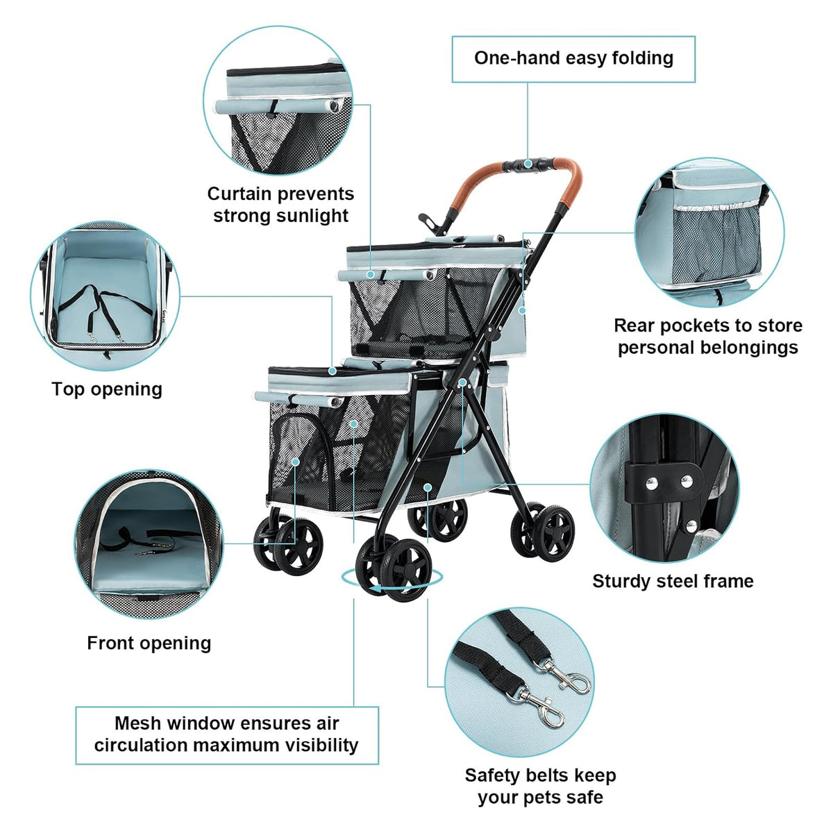 double pet stroller for 2 dogs & cats shown in use