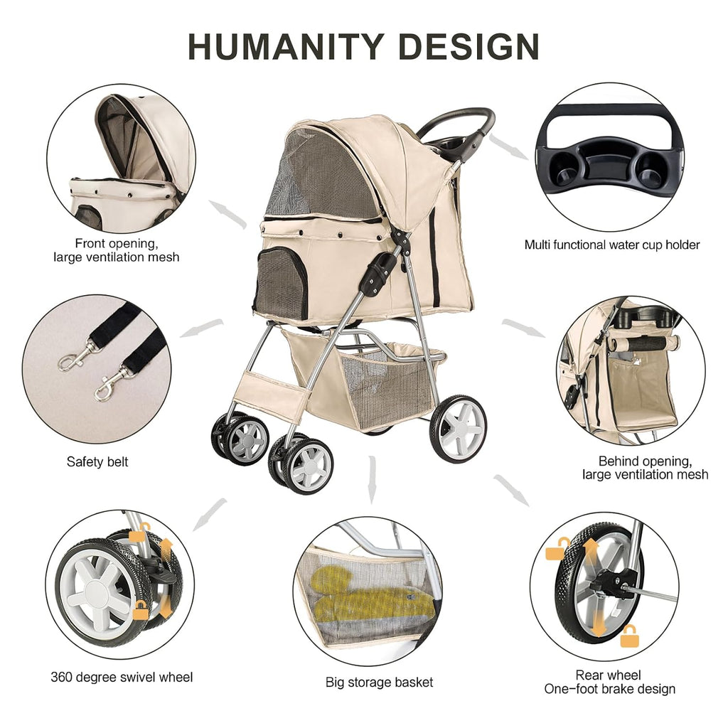 4-wheel pet stroller for small dogs and cats shown in use