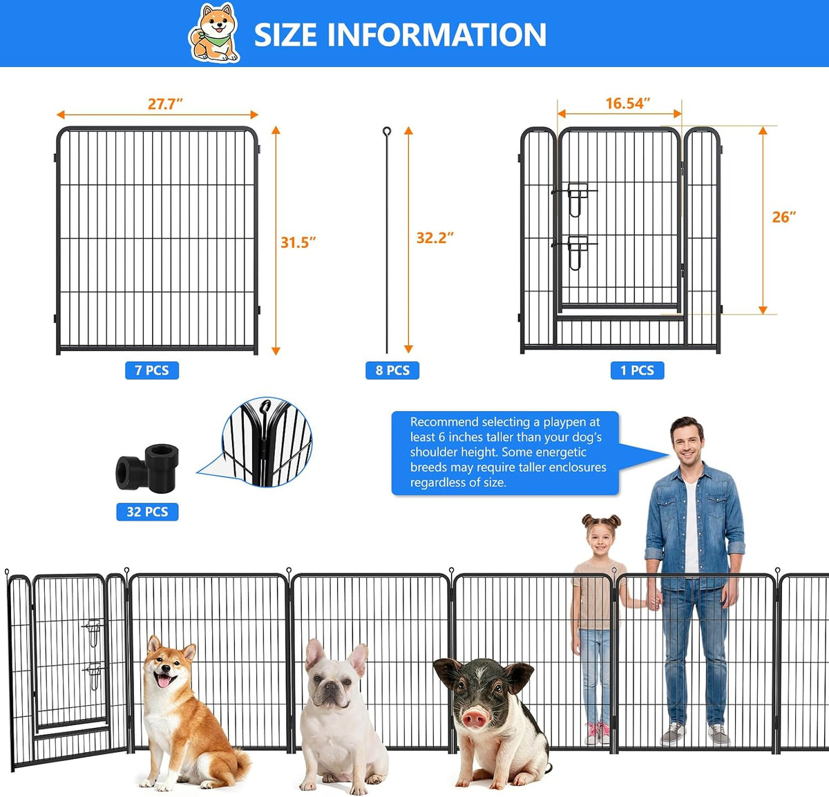 dog playpen outdoor, 32 inch height 8 panels shown in use