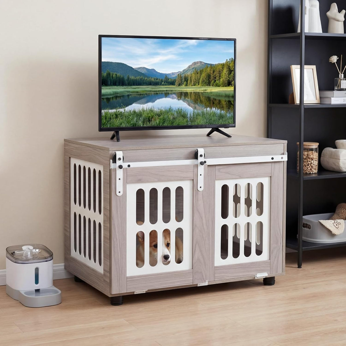 petsite farmhouse wooden dog crate furniture with sliding shown in use