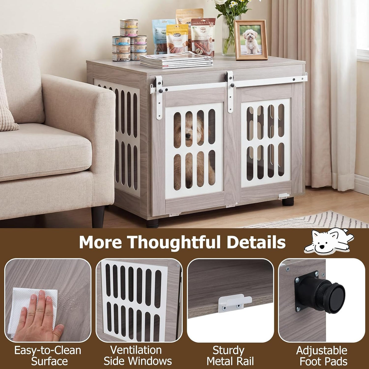 petsite farmhouse wooden dog crate furniture with sliding, front angle view