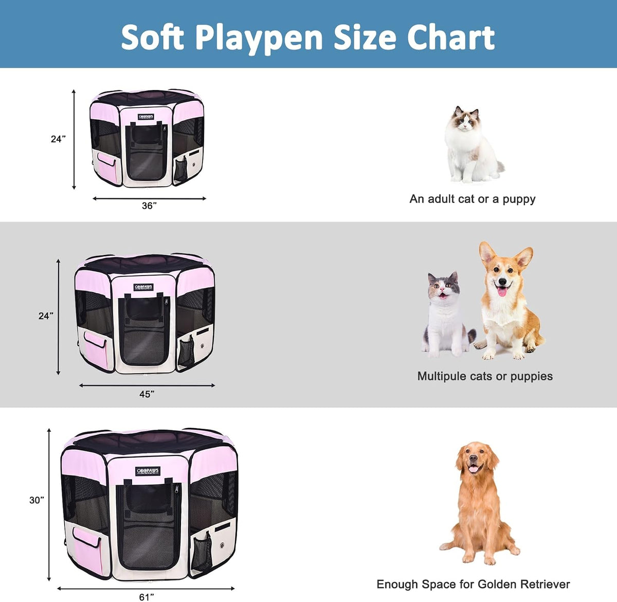 jespet soft dog playpen, portable pet exercise pen showing dimensions