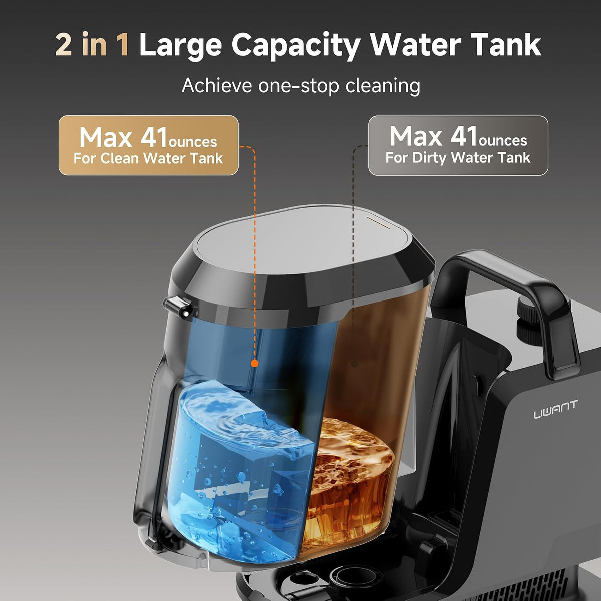 uwant carpet cleaner machine with steam&hot&cold water system showing dimensions