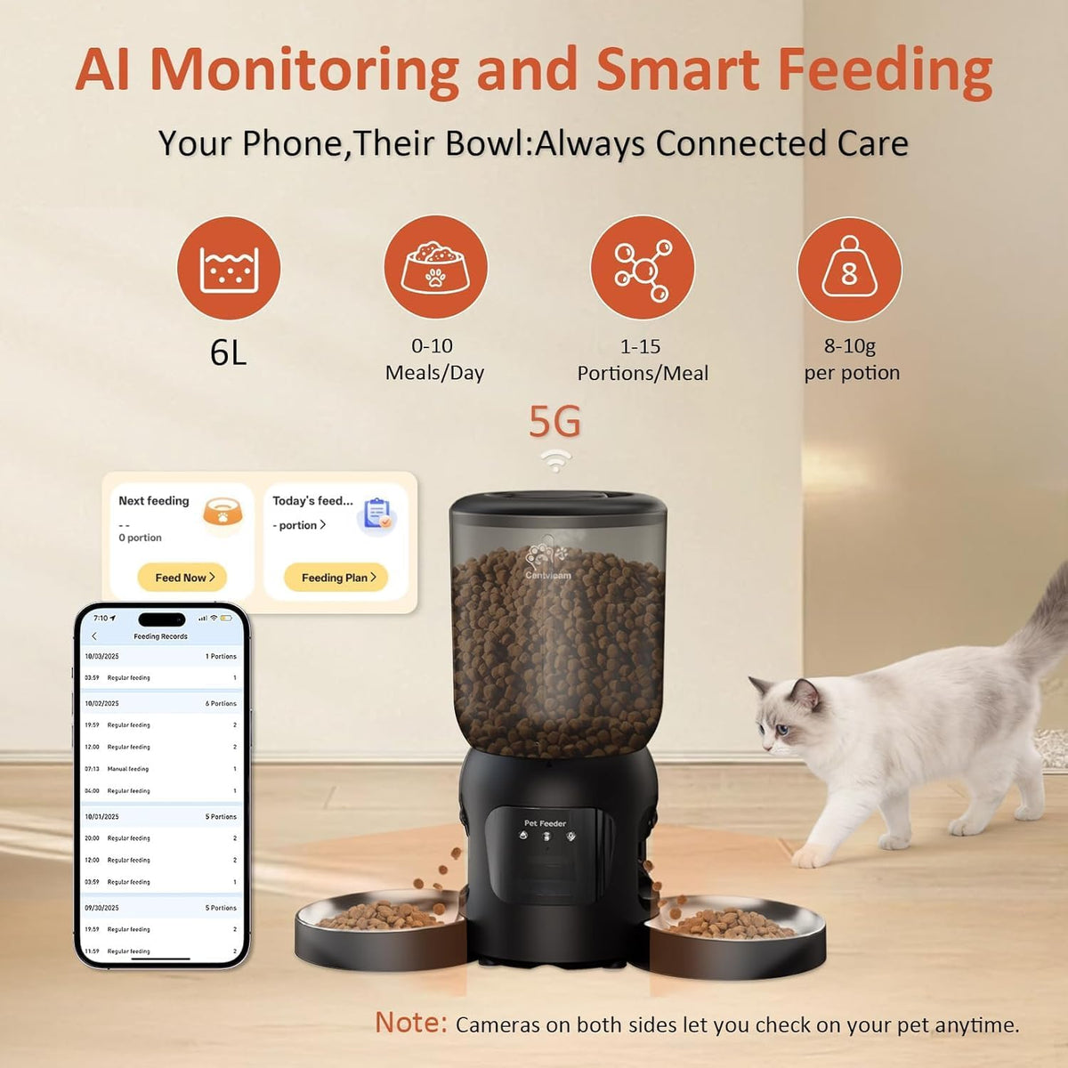 automatic cat feeder with two hd camera for, side view