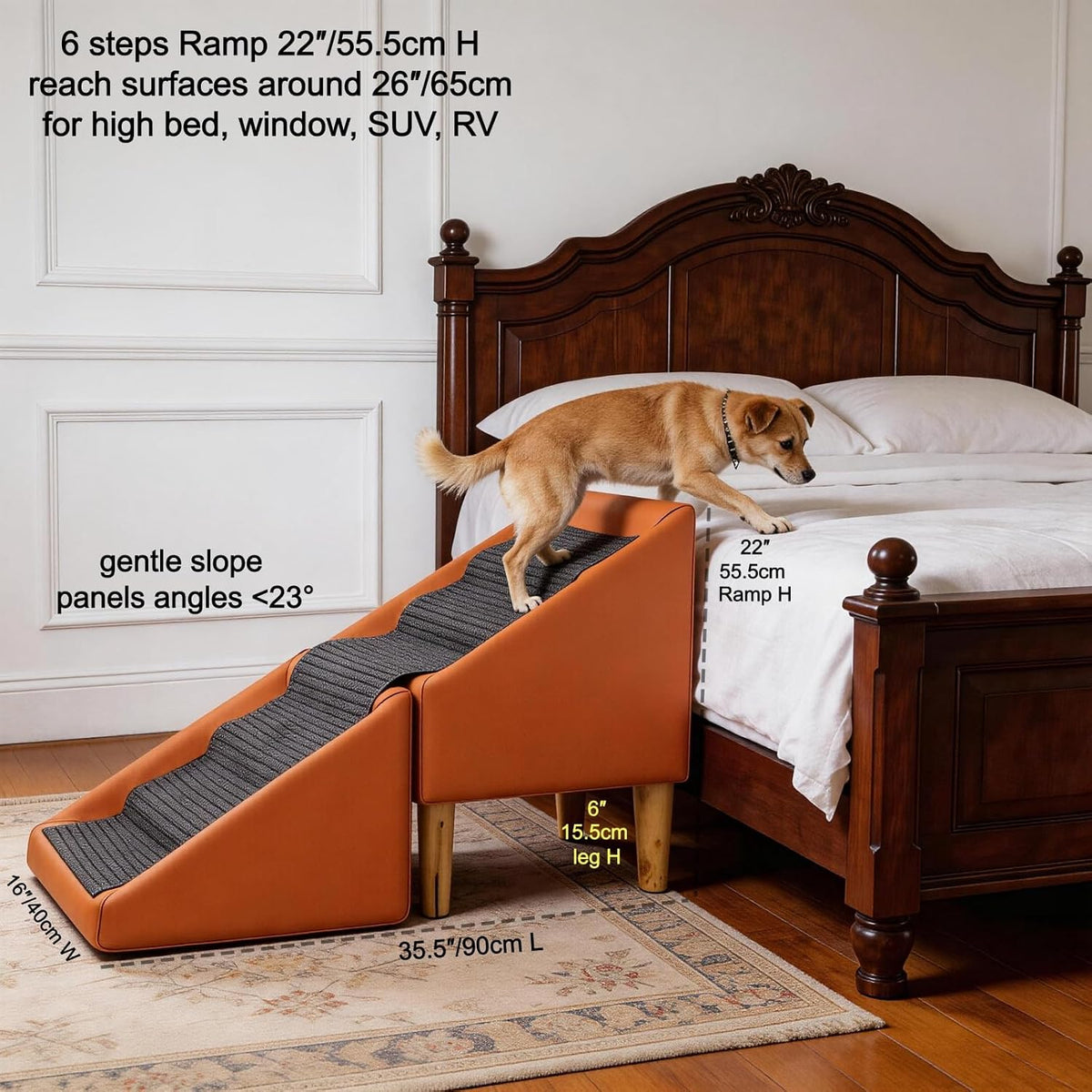 foldable dog cat stair ramp solid wood ottoman shown in use