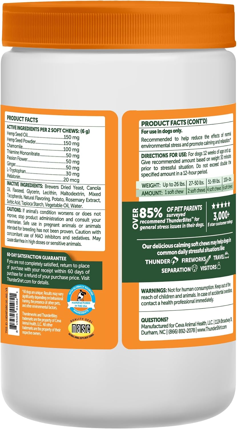 thunderbites hemp calming chews for dogs, 180 count shown in use