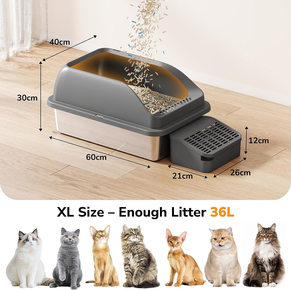 zivacate stainless steel cat litter tray (xl, 60×40cm showing dimensions