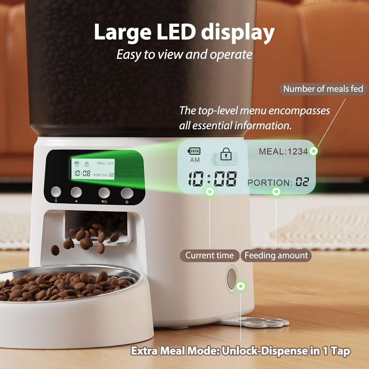 petrice automatic cat feeder, 4l/16cups cat food dispenser, side view