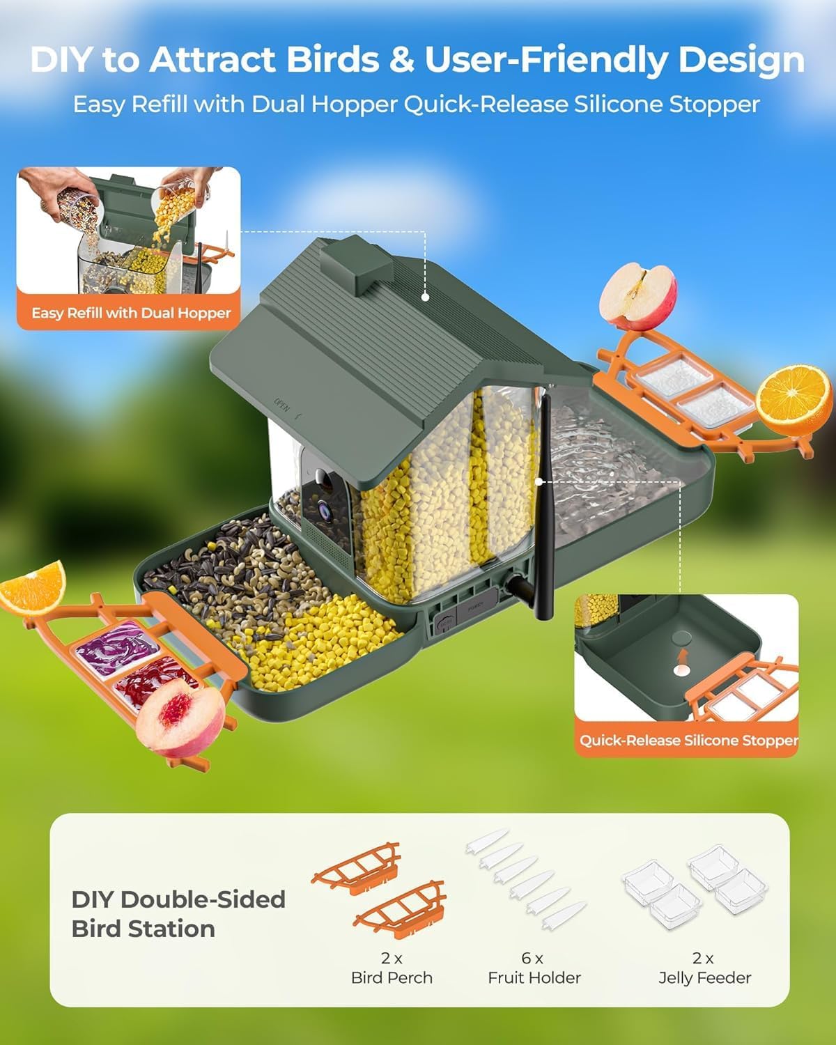 2-in-1 bird bath and bird feeder with cameras, side view