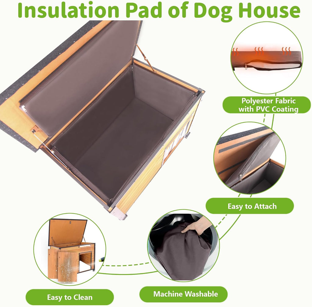 insulated dog house outdoor weatherproof, large wooden house shown in use