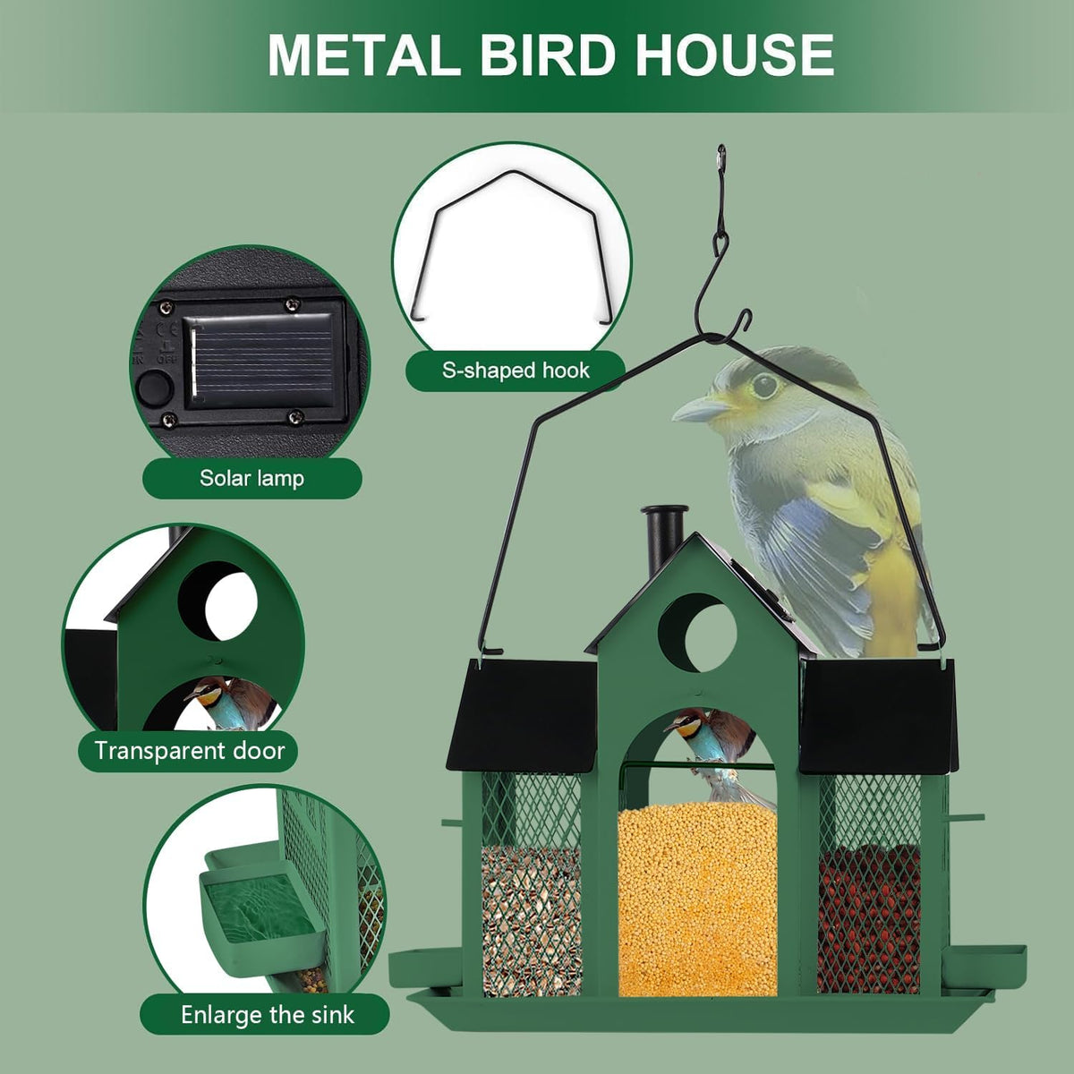 solar bird feeder house for outside hanging, large, close-up detail