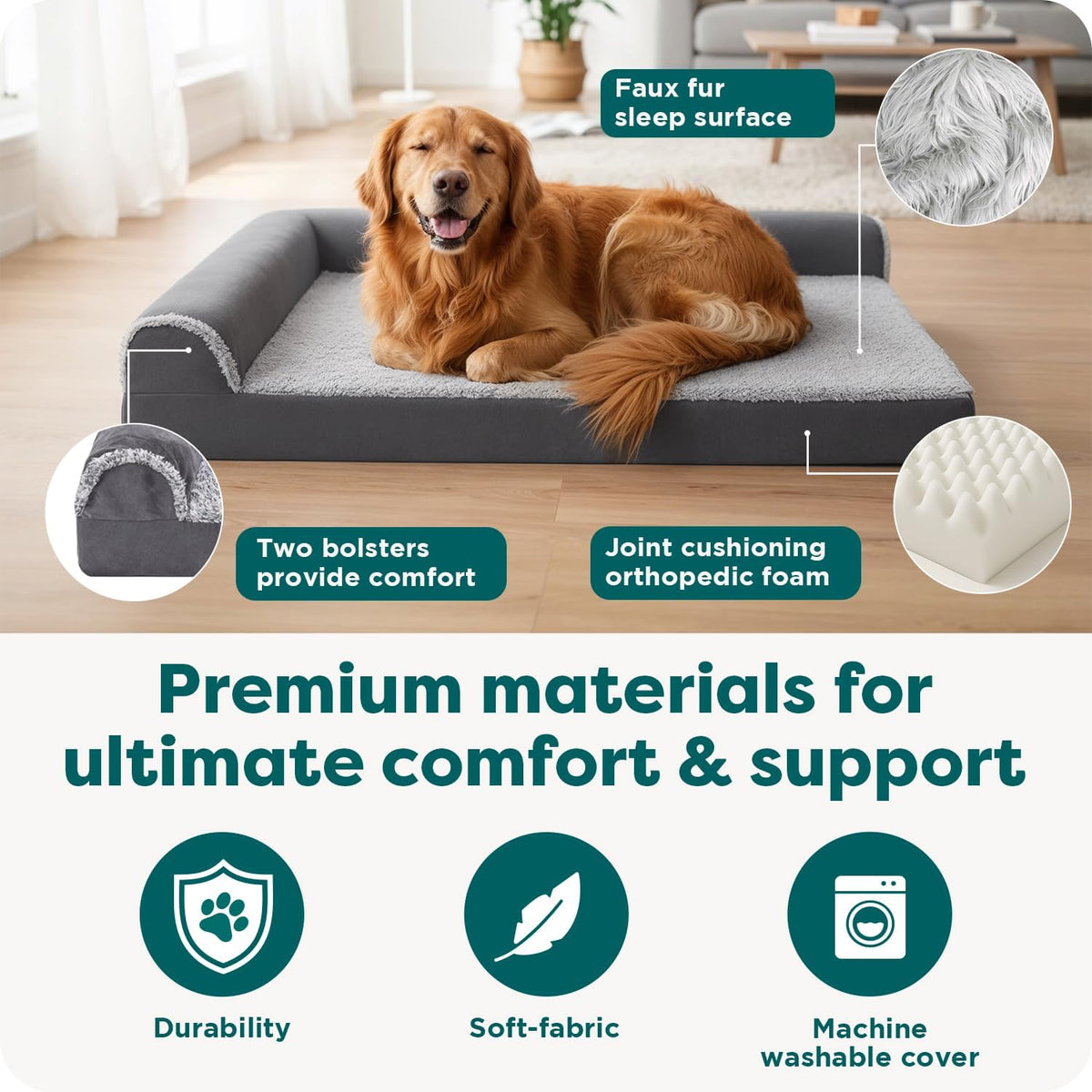 furhaven orthopedic dog bed for large dogs w/ showing dimensions