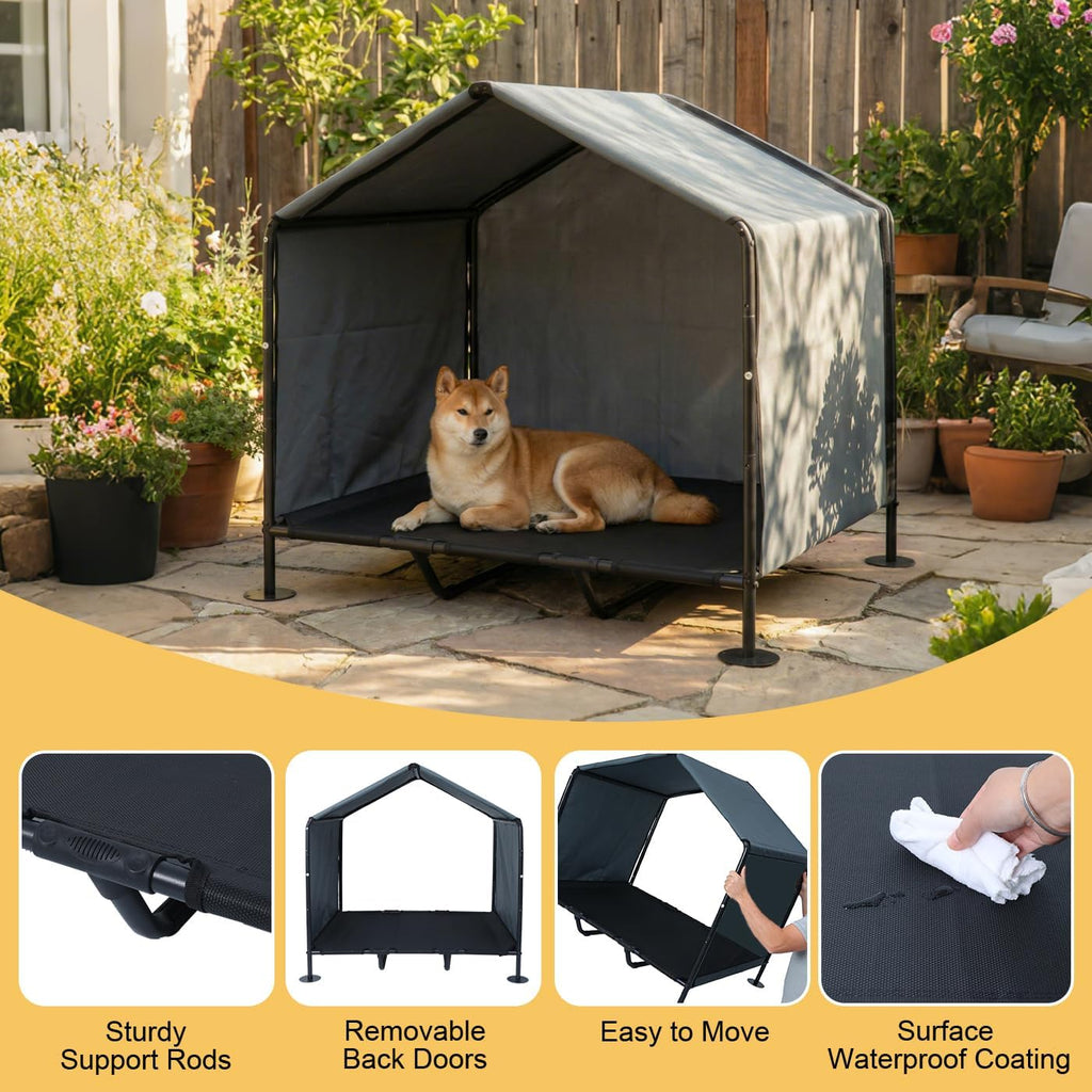 large dog shade with elevated dog bed, waterproof, side view