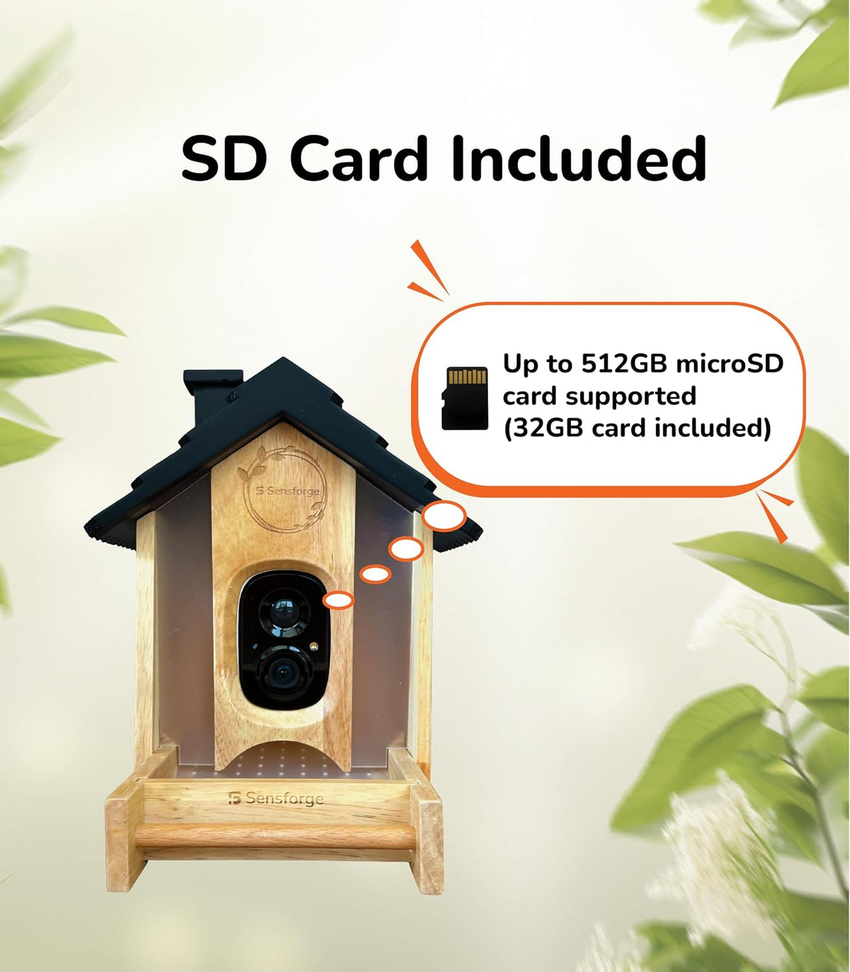sensforge smart ai bird feeder camera, 2.5k hd, close-up detail