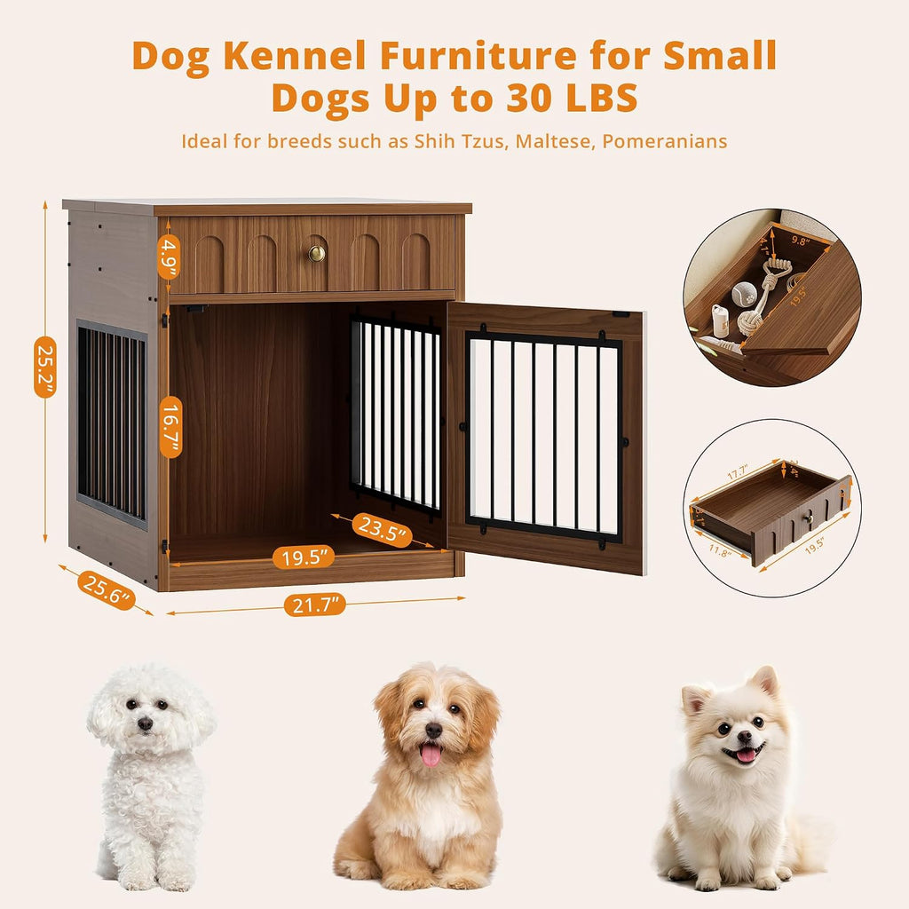 ironck 25.6" small dog crate furniture with drawer shown in use