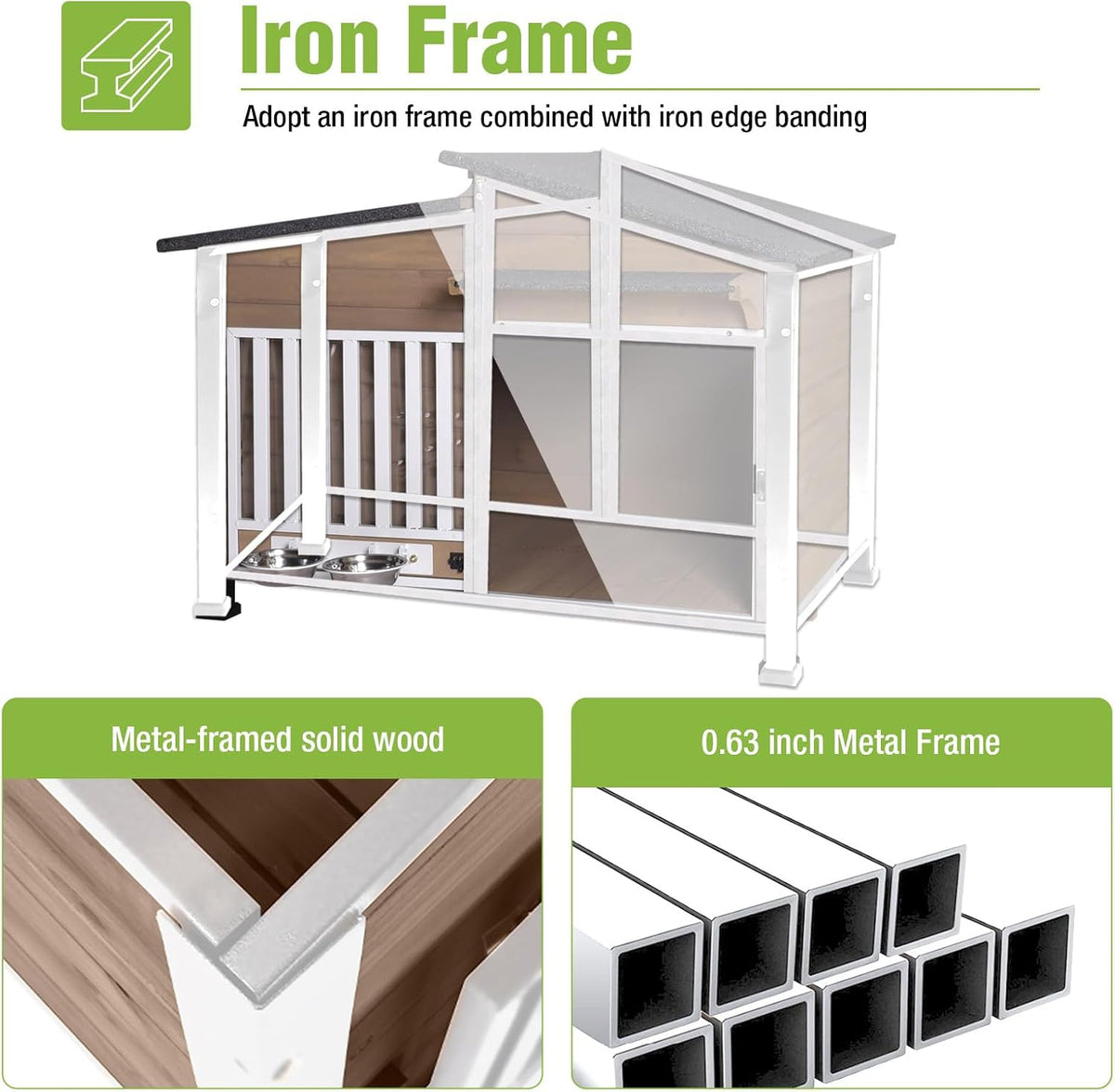 heated dog house for outdoor use with matel shown in use