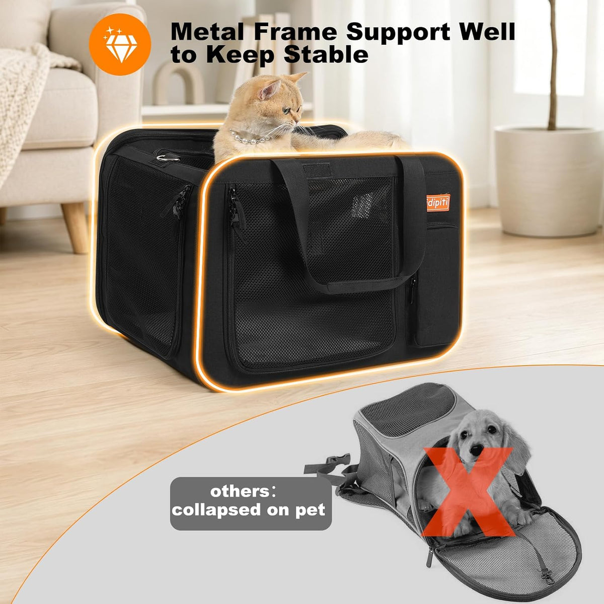 pidipiti 20x14x14 expandable car cat carrier, with portable, side view