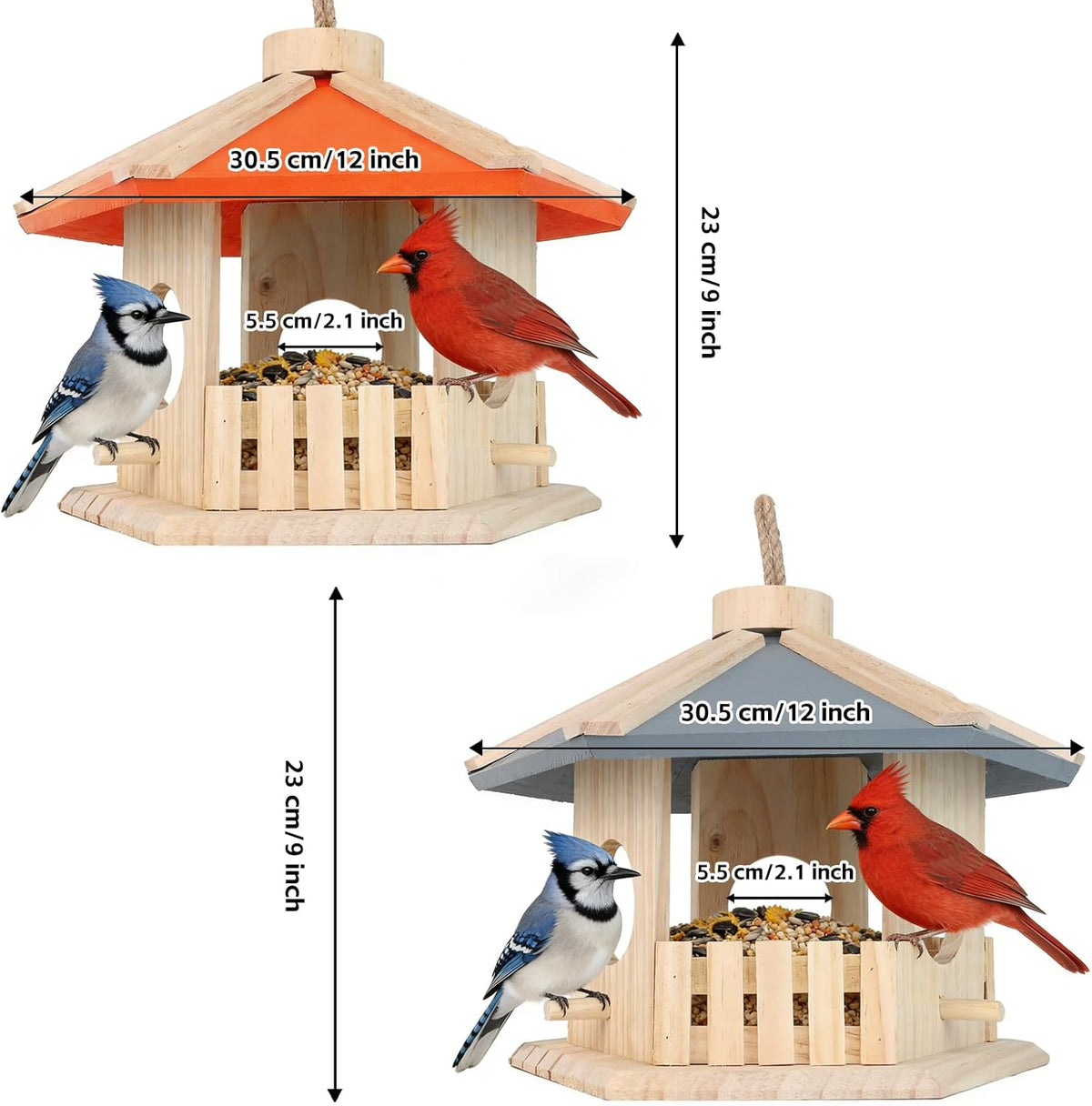 hexagon hanging wooden bird feeder (stone blue) shown in use