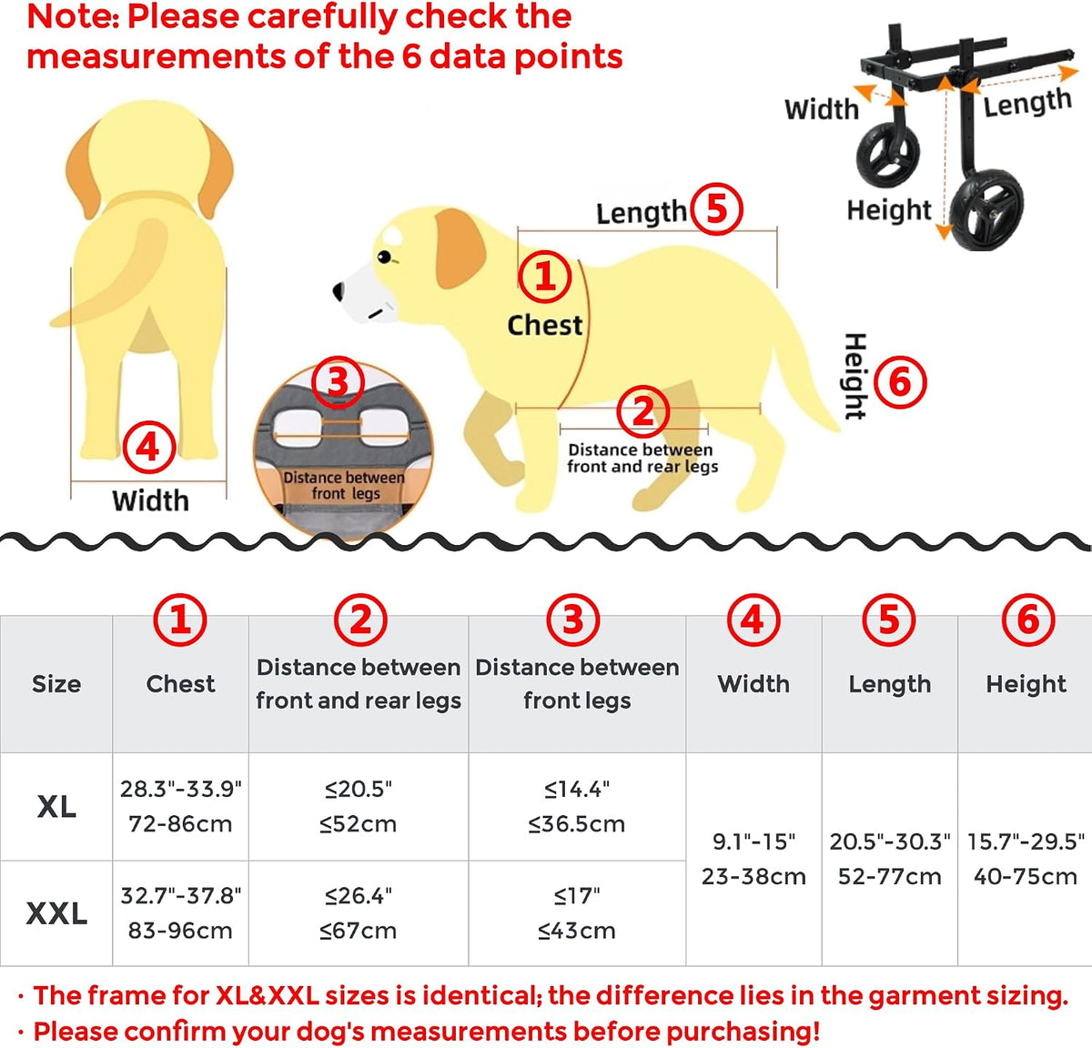adjustable large dog wheelchair for back legs, upgraded showing dimensions